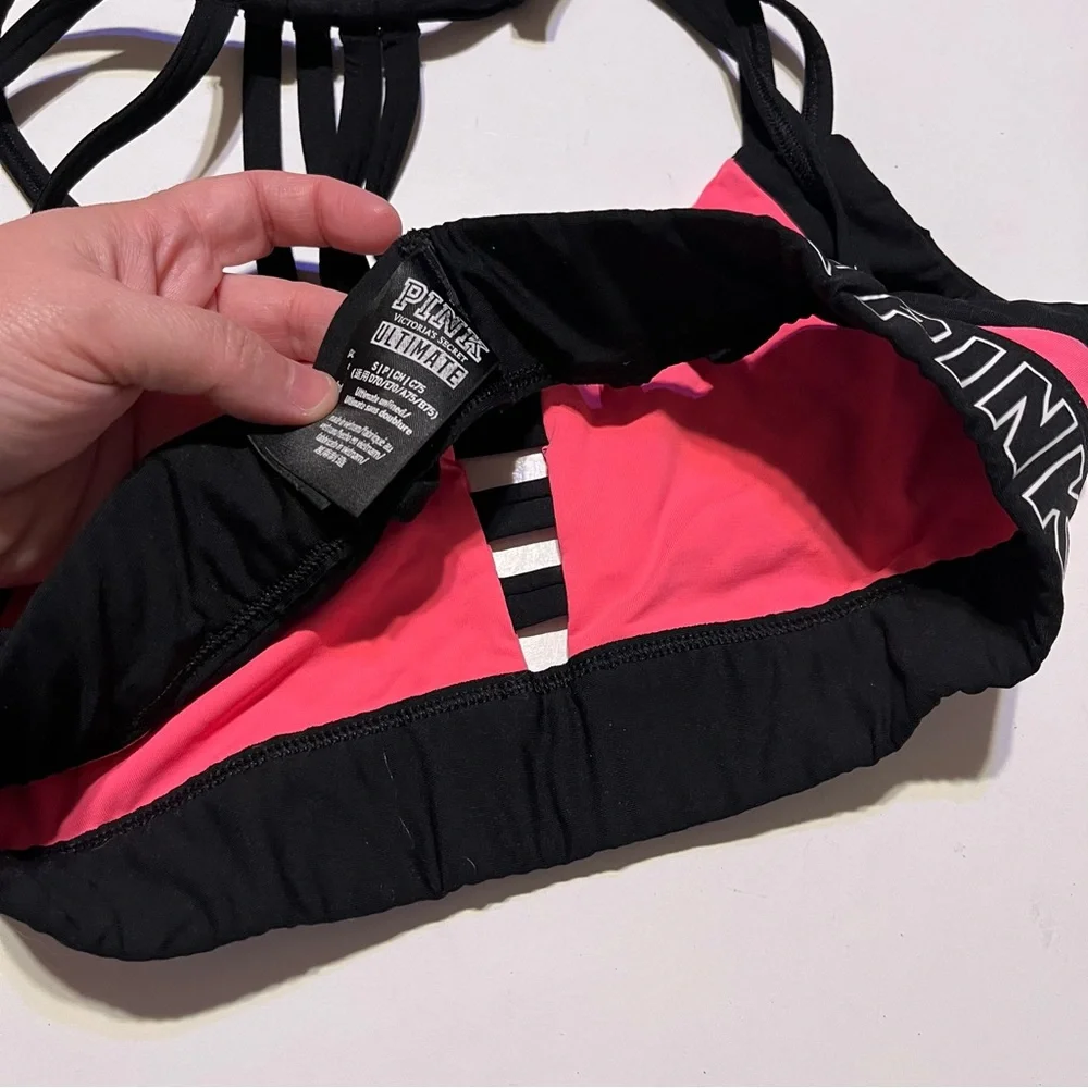 PINK Victorias Secret Ultimate Pull On Black Hot Pink Wireless Sports Bra Size S